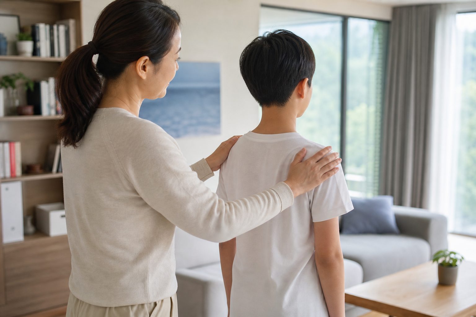 청소년 척추측만증 확인 — 아이 어깨 높이 비대칭을 살펴보는 보호자