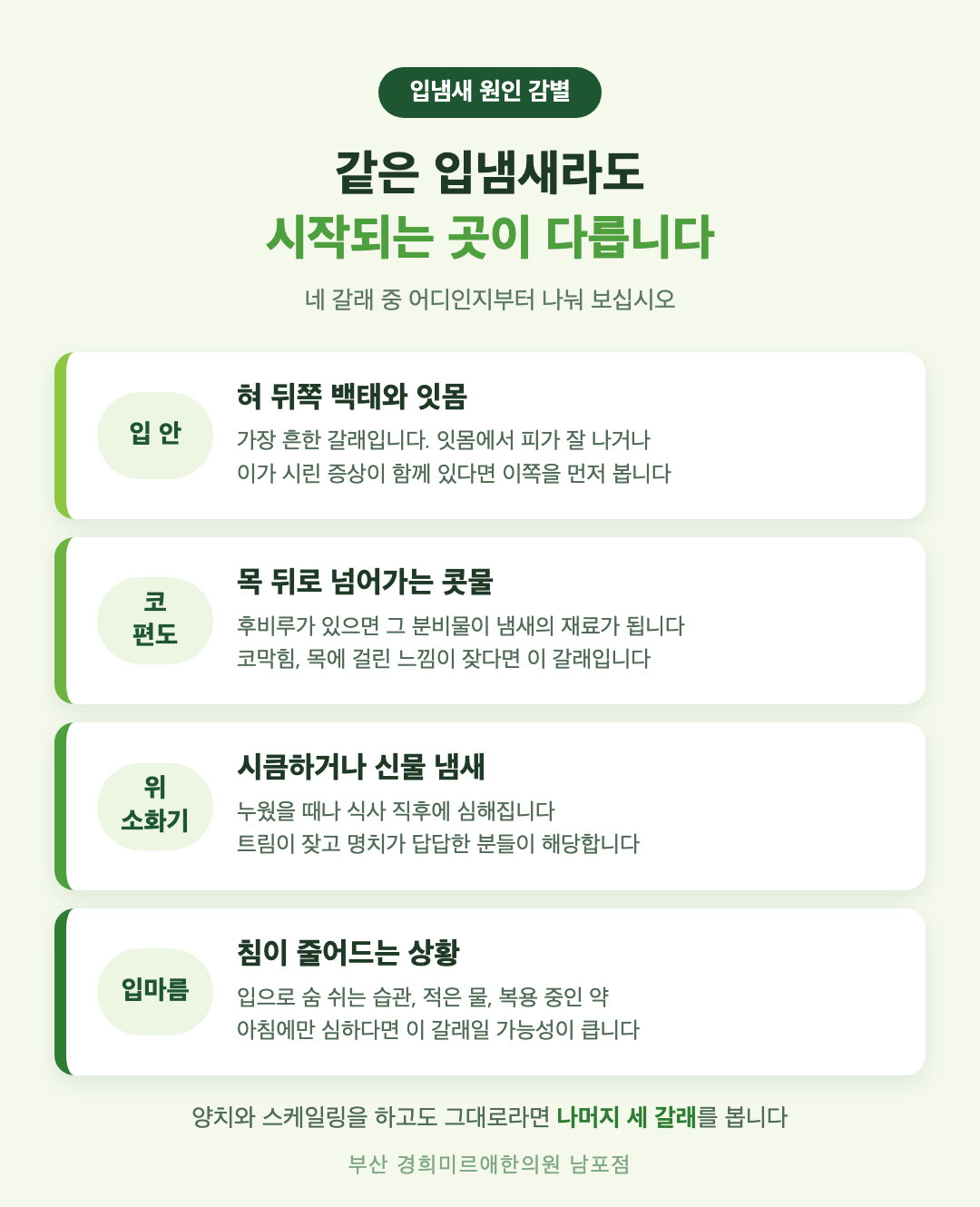 입냄새 네 갈래 원인 - 입 안, 코와 편도, 위와 소화기, 입마름 - 경희미르애한의원 남포점