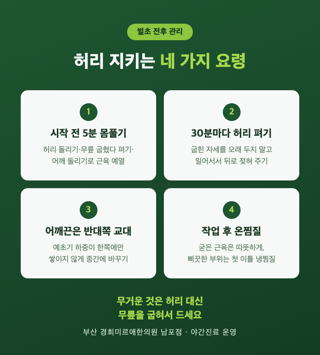 벌초 전후 허리 지키는 요령 네 가지 인포그래픽 - 작업 전 몸풀기, 30분마다 허리 펴기, 어깨끈 교대, 작업 후 온찜질 - 경희미르애한의원 남포점