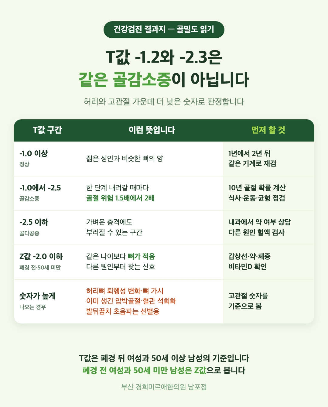 골밀도 결과지 읽기 표 - T값 구간별 뜻과 먼저 할 것, T값과 Z값의 쓰임, 숫자를 높게 만드는 것 - 경희미르애한의원 남포점