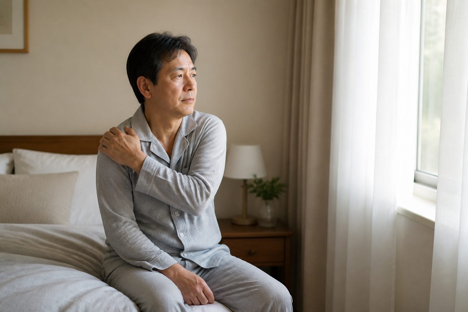 이른 아침 침대에 걸터앉아 어깨에 손을 얹은 중년 남성 - 경희미르애한의원 남포점