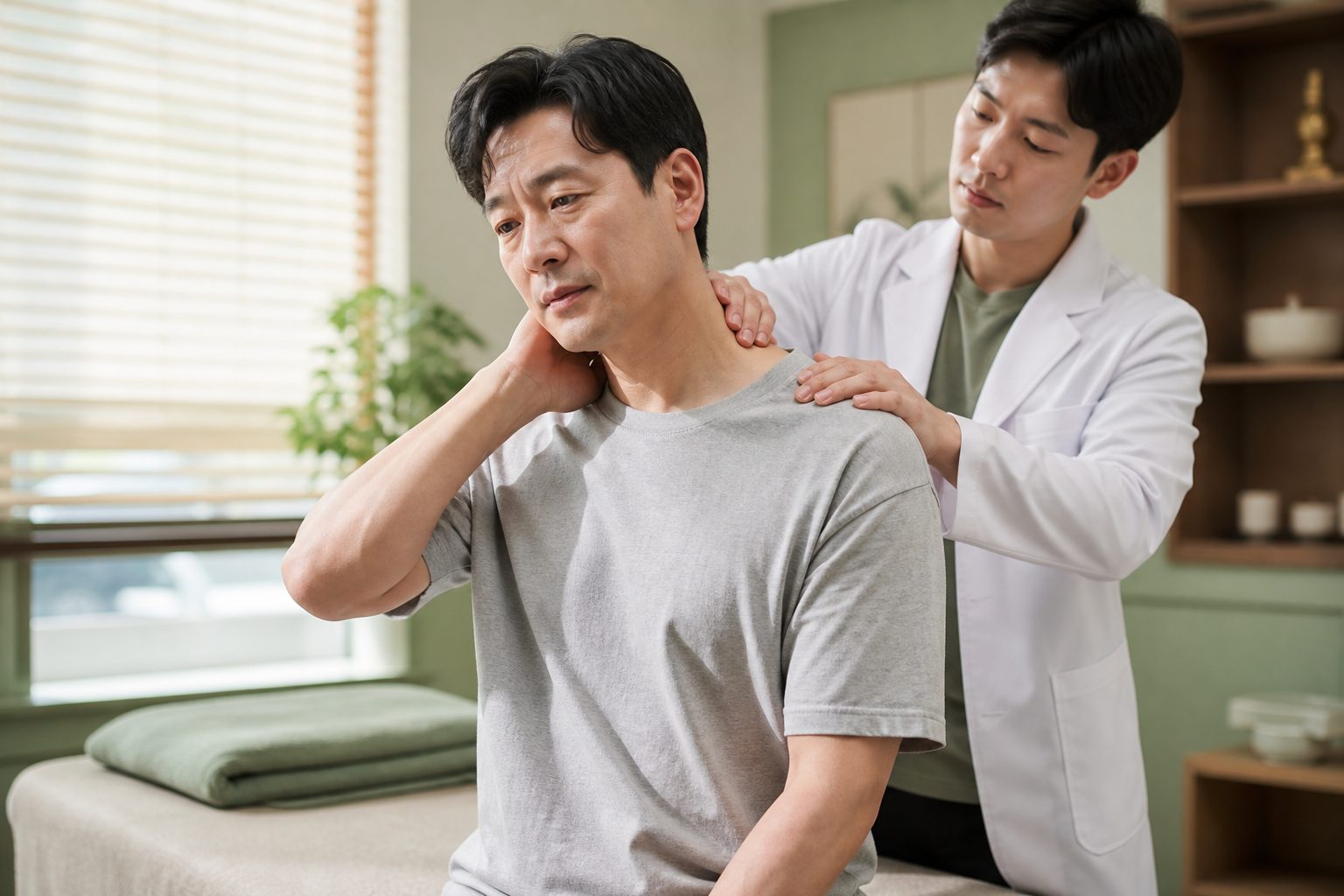 목디스크 팔 저림으로 목과 어깨를 살피는 진료 장면 - 경희미르애한의원 남포점