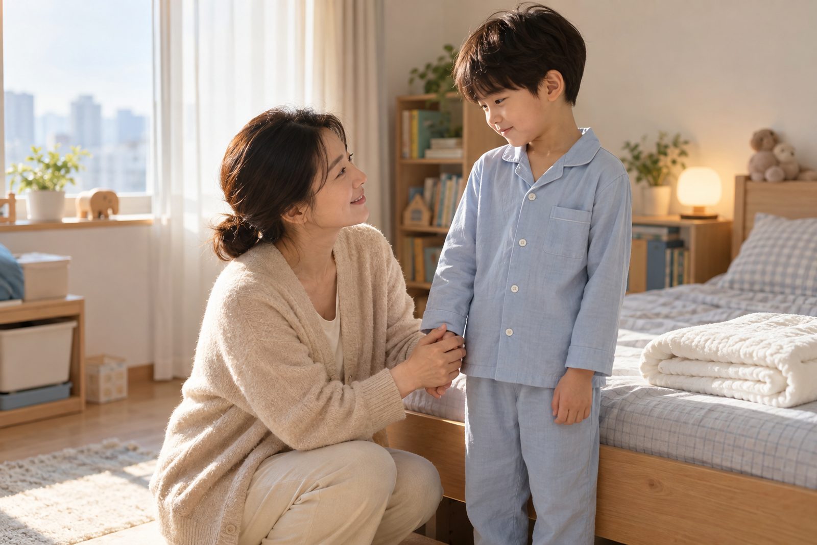 이른 아침 아이 방 침대 옆에 무릎을 꿇고 앉아 잠옷 차림의 일곱 살 아들의 손을 잡고 미소 짓는 엄마 - 경희미르애한의원 남포점 소아 야뇨증