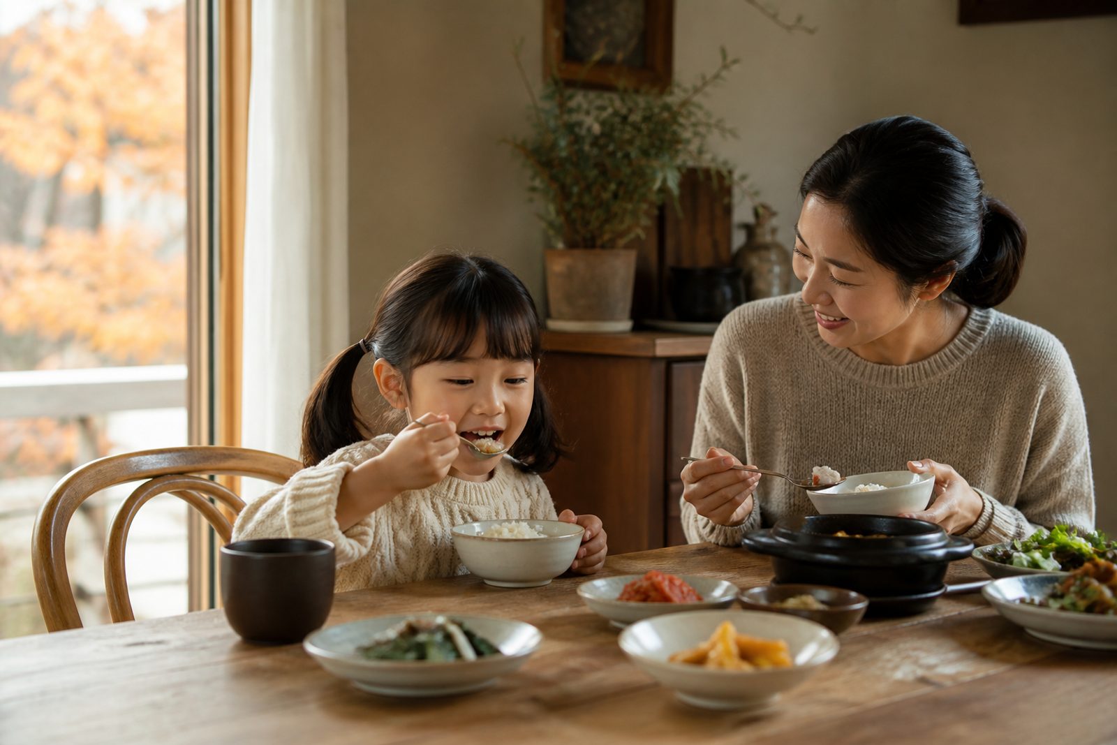 가을 아침 식탁에서 밥을 먹는 아이와 지켜보는 엄마 - 경희미르애한의원 남포점