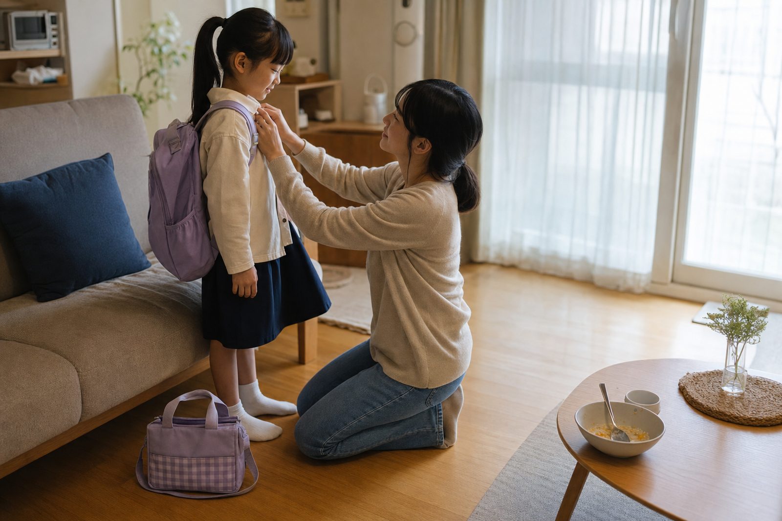 개학 아침 등교 준비를 돕는 부모와 아이 — 반복되는 소아 복통 원인 감별 안내