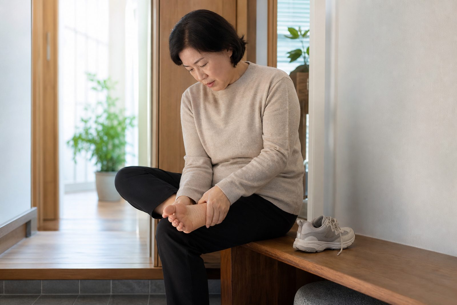 오래된 발뒤꿈치 통증으로 신발을 벗고 발을 짚어 보는 모습 - 경희미르애한의원 남포점