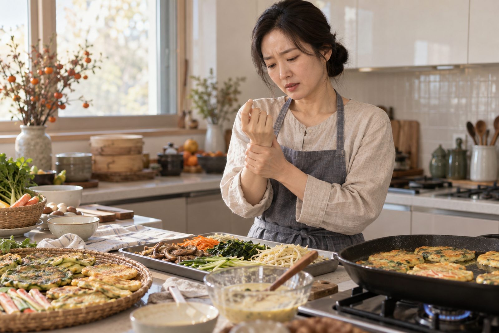 주방에서 명절 음식을 준비하다 멈춰 서서 왼손으로 오른쪽 손목의 엄지 쪽을 감싸 쥔 30대 후반 여성 - 경희미르애한의원 남포점 손목건초염