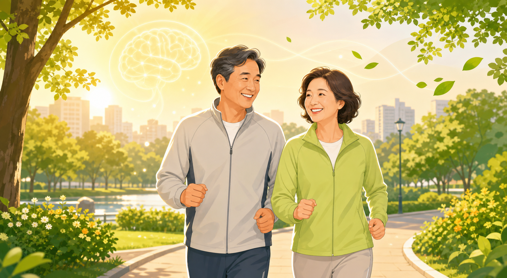 중년 부부가 공원에서 걷기 운동을 하는 모습 — 치매 예방 운동