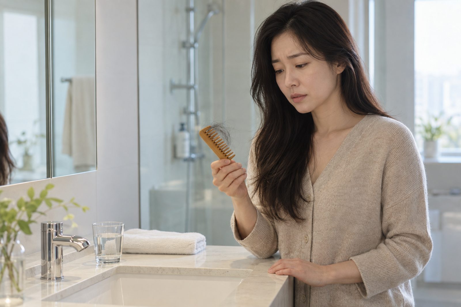 아침 욕실 세면대 앞에서 나무 빗에 걸린 머리카락을 내려다보는 30대 여성 - 경희미르애한의원 남포점 다이어트 탈모