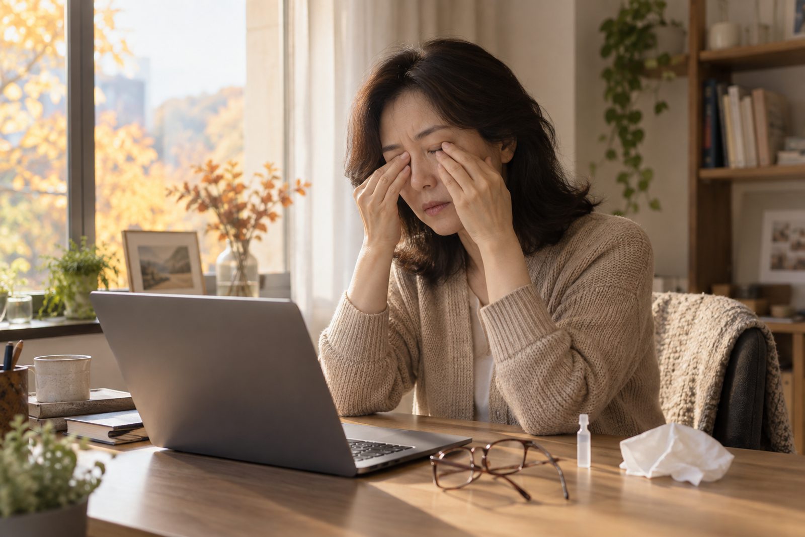 가을 오후 창가 책상에서 안경을 벗고 손끝으로 감은 눈을 지그시 누르는 50대 초반 여성, 책상 위에 노트북과 일회용 인공눈물 - 경희미르애한의원 남포점 안구건조증