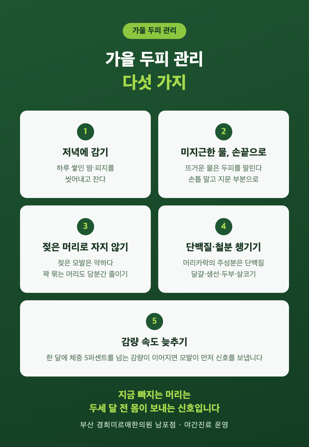 가을 두피 관리 5가지 - 저녁 샴푸, 미지근한 물, 젖은 머리 말리고 자기, 단백질과 철분, 감량 속도 조절
