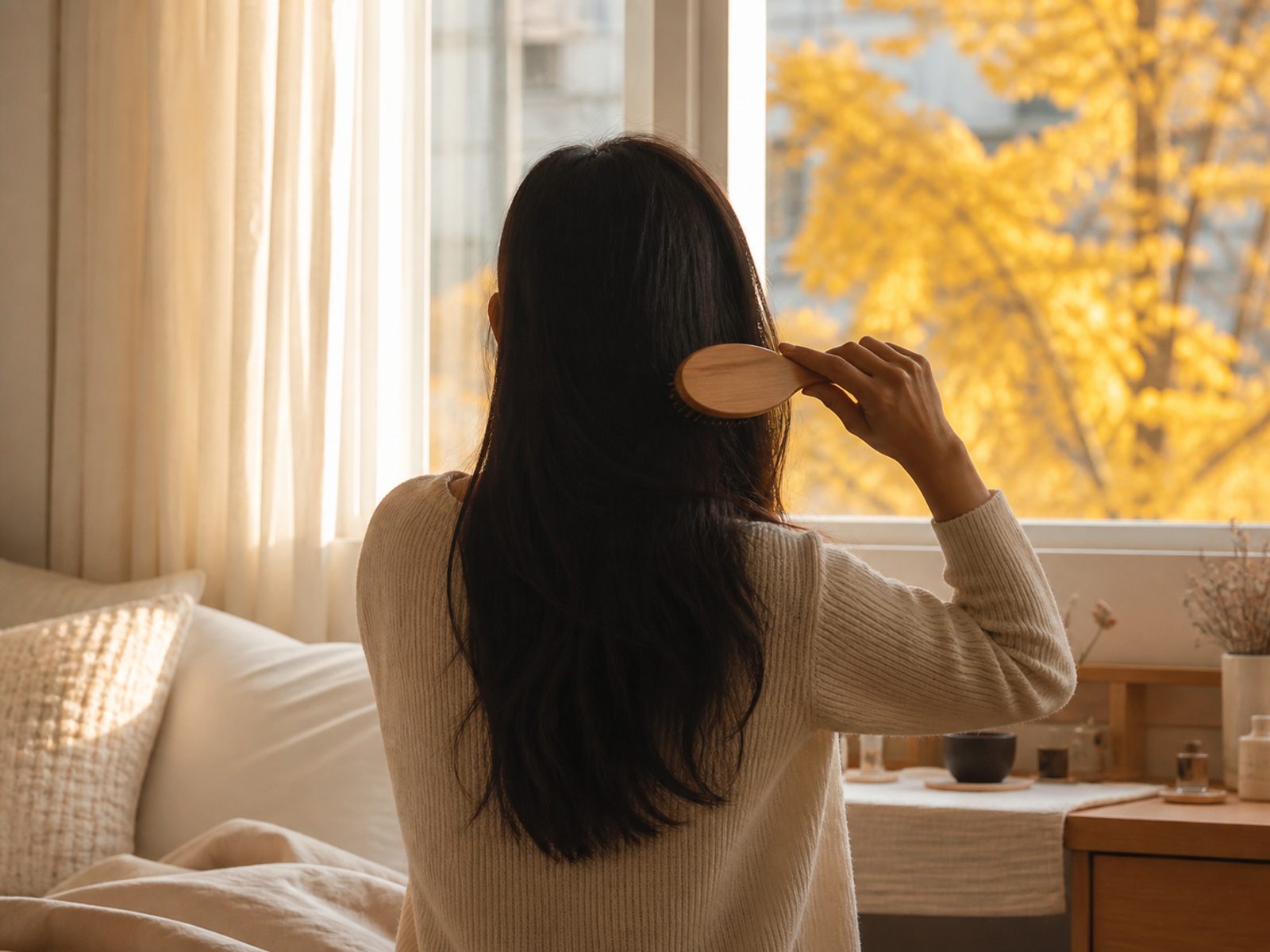 가을 아침 창가에서 빗을 든 여성 - 경희미르애한의원 남포점