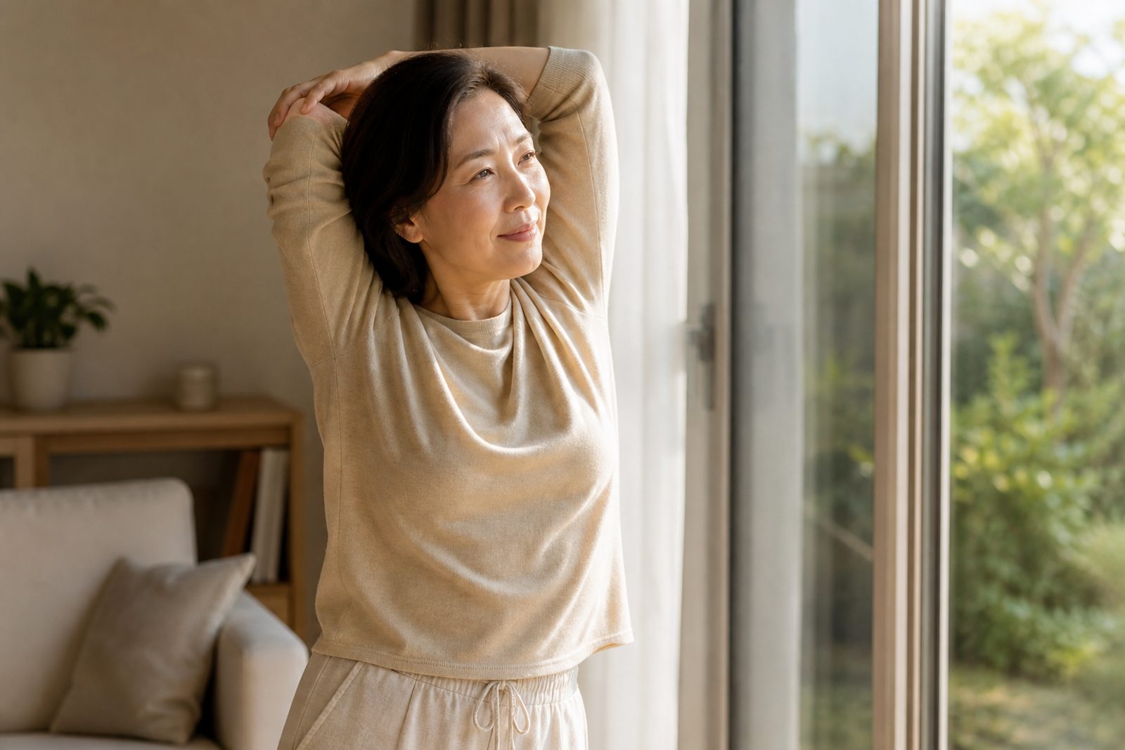 오십견 회복 운동으로 팔을 천천히 올리는 중년 여성 - 경희미르애한의원 남포점