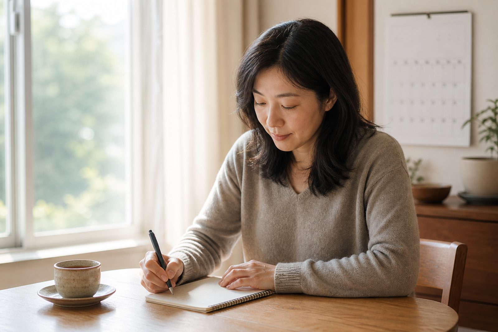 부산 경희미르애한의원 남포점 난임 한방 관리 — 달력을 보며 월경 주기를 기록하는 여성