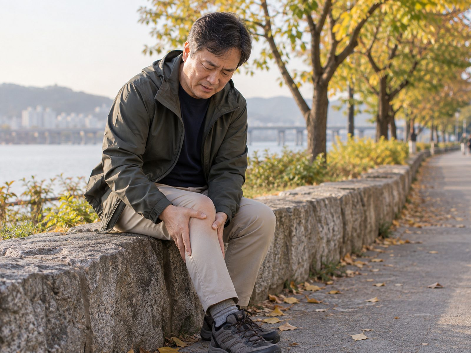 가을 강변 산책로 돌담에 앉아 아픈 무릎을 두 손으로 감싸 쥔 50대 남성 - 경희미르애한의원 남포점 무릎 안쪽 통증