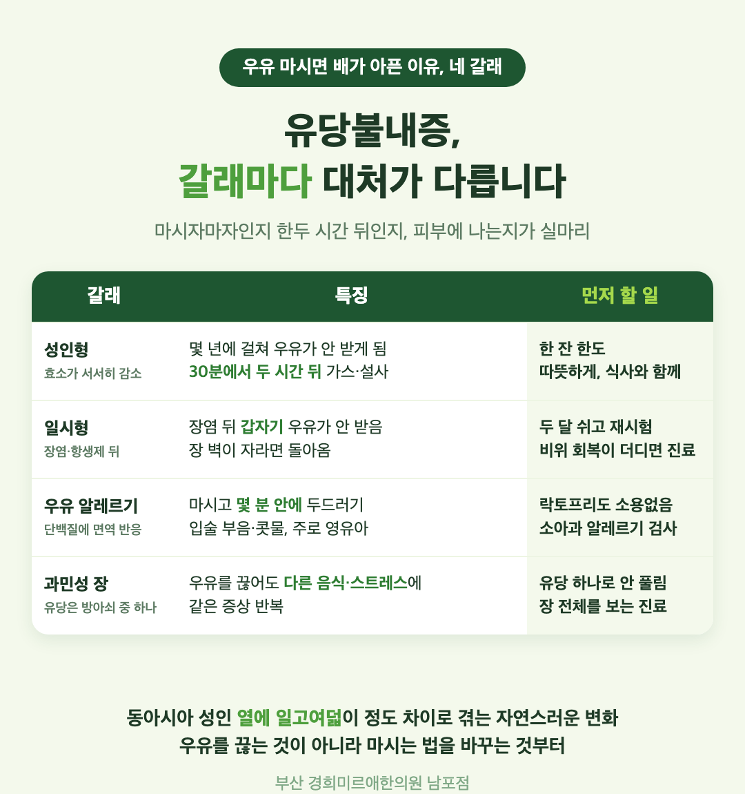 유당불내증 네 갈래 비교 - 성인형·장염 뒤 일시형·우유 알레르기·과민성 장의 특징과 먼저 할 일 표 - 경희미르애한의원 남포점