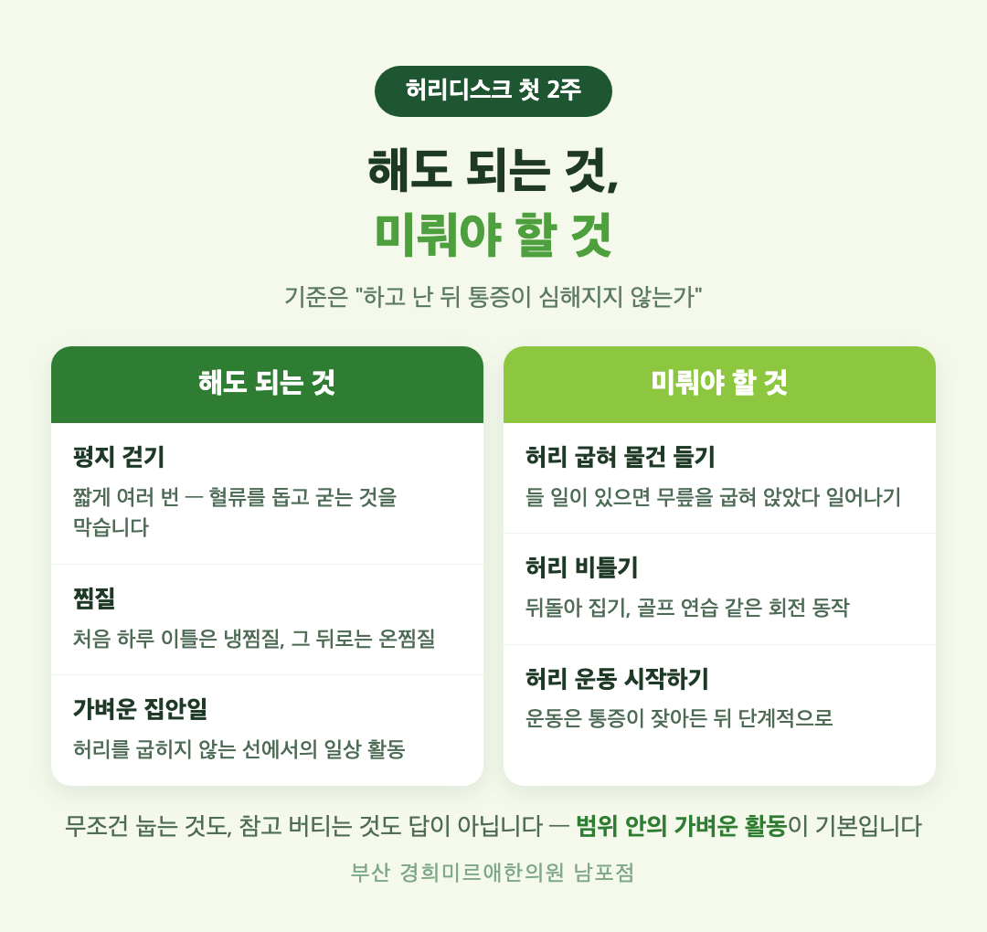 허리디스크 초기 2주 해도 되는 것과 미뤄야 할 것 인포그래픽