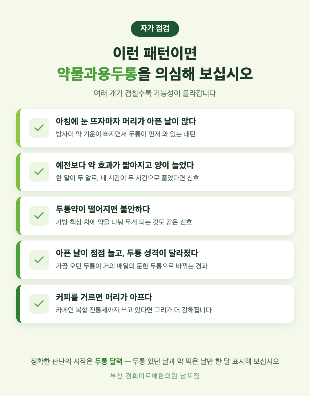 약물과용두통 자가 점검 체크리스트 인포그래픽 - 경희미르애한의원 남포점