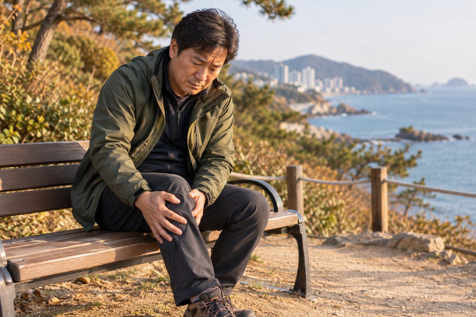 가을 오후 부산 바닷가 산책로의 나무 벤치에 앉아 오른쪽 무릎을 살짝 굽힌 채 두 손으로 바지 위 무릎 옆을 감싸 쥐고 있는 50대 초반 남성 - 경희미르애한의원 남포점 반월상연골판 파열