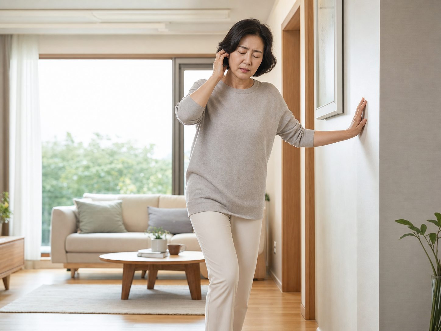 갱년기 어지럼과 이명으로 벽을 짚고 서 있는 50대 여성 - 부산 경희미르애한의원 남포점