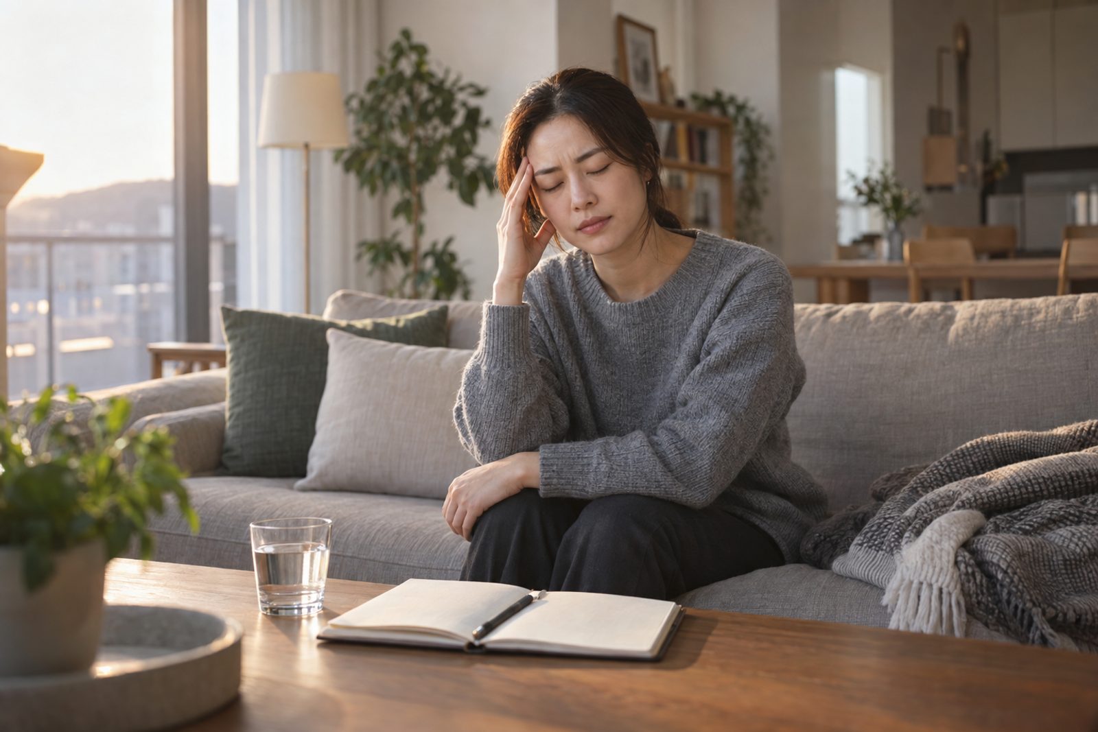 소파에 앉아 한 손으로 이마 옆을 짚고 눈을 감은 30대 여성, 탁자 위 물컵과 수첩 - 경희미르애한의원 남포점 생리 두통·월경 편두통