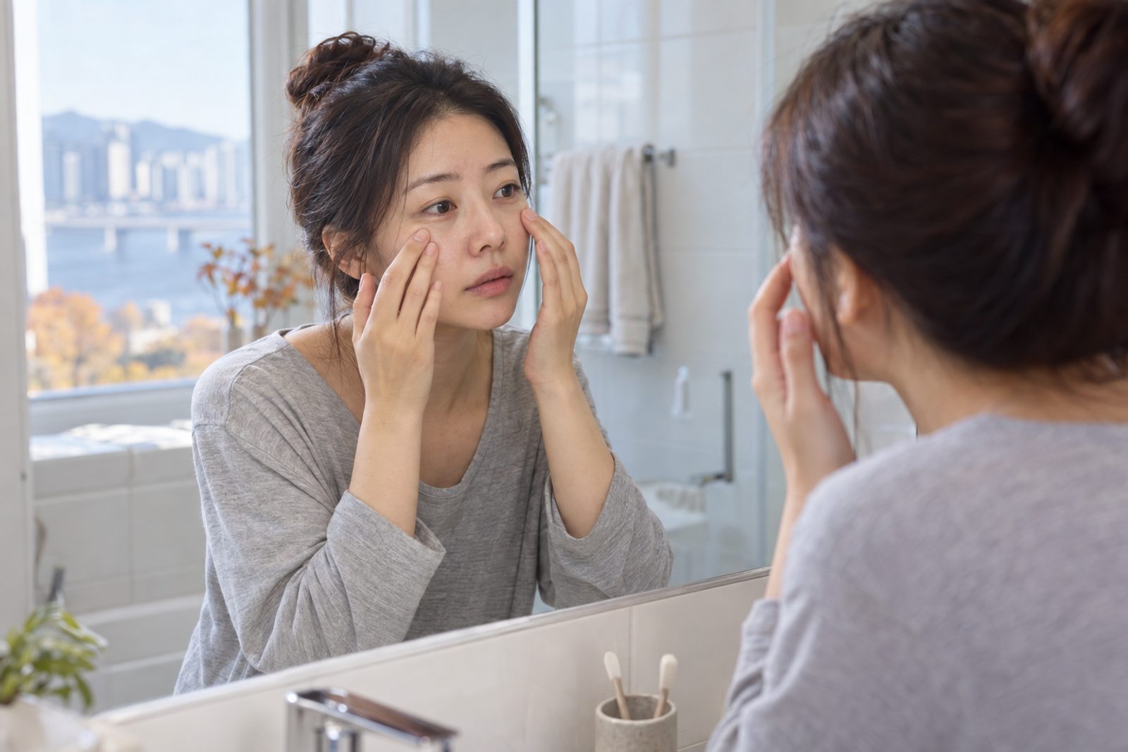 가을 아침 부산 아파트 욕실 거울 앞에서 부은 눈두덩과 볼을 손끝으로 만져 보는 30대 여성 - 경희미르애한의원 남포점 아침 얼굴 붓기