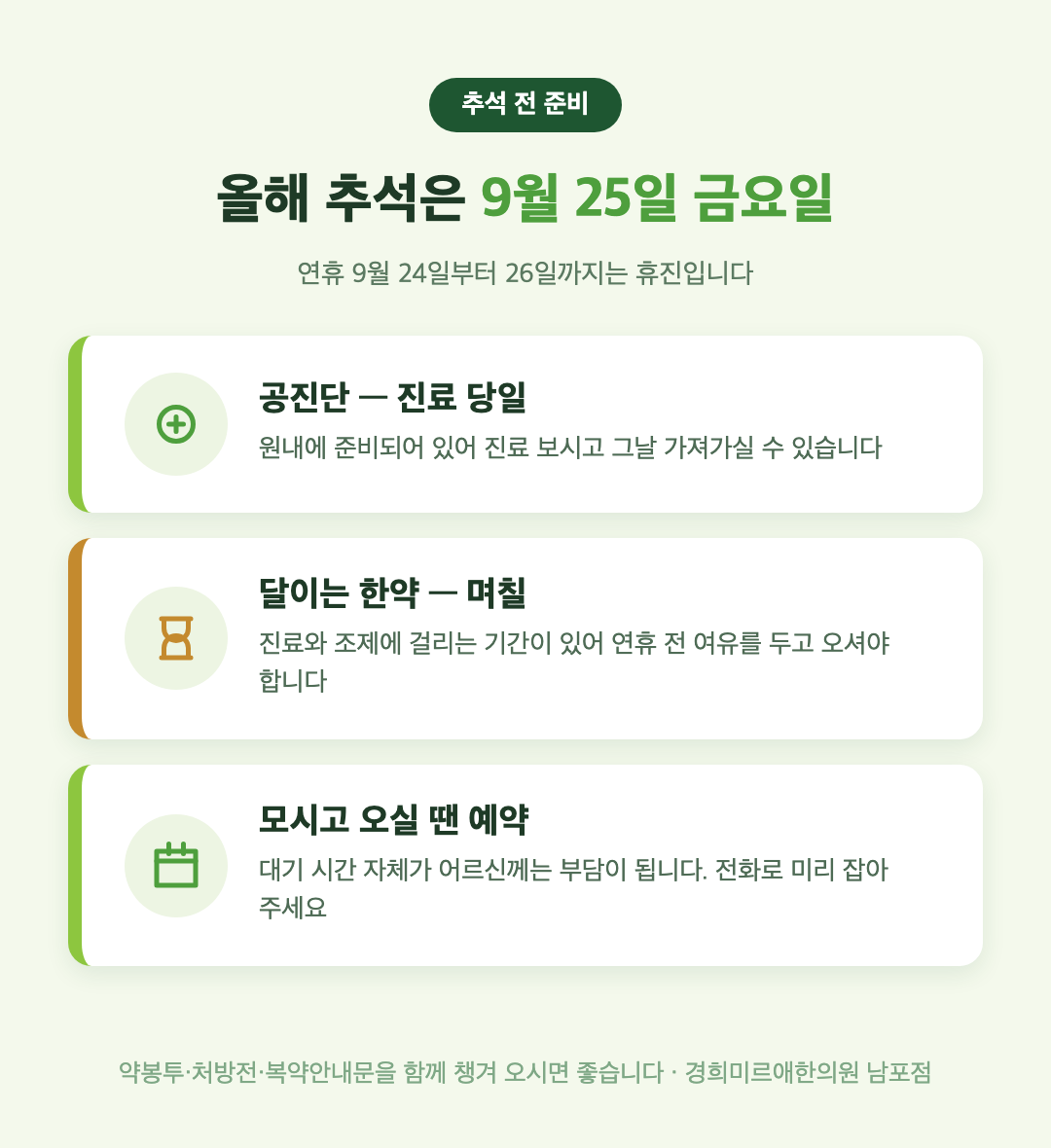추석 전 보약 준비 일정 인포그래픽 — 공진단 진료 당일 달이는 한약 며칠 연휴 9월 24일부터 26일 휴진
