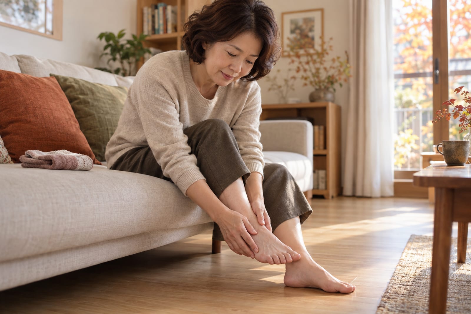 가을 오후 밝은 거실 소파 가장자리에 앉아 맨발을 나무 바닥에 두고 두 손으로 한쪽 발등을 문지르는 50대 후반 여성 - 경희미르애한의원 남포점 말초신경병증 발 저림