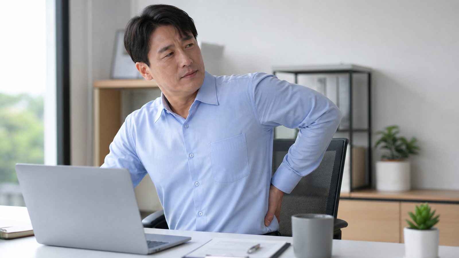 사무실 책상에 오래 앉아 있다 허리 옆을 짚는 중년 남성 — 이상근증후군으로 인한 엉덩이·다리 저림