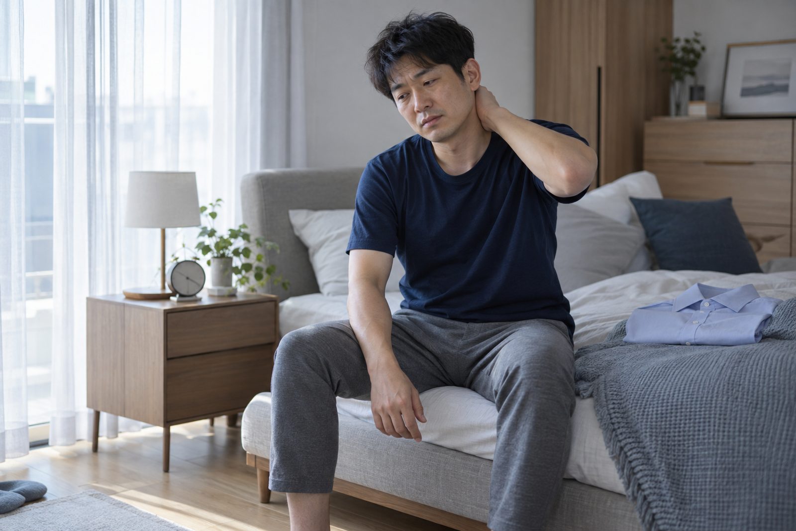 연휴가 끝난 평일 아침 침대 끝에 앉아 목뒤를 주무르며 피곤해하는 40대 남성 - 경희미르애한의원 남포점 연휴 뒤 피로 수면 리듬