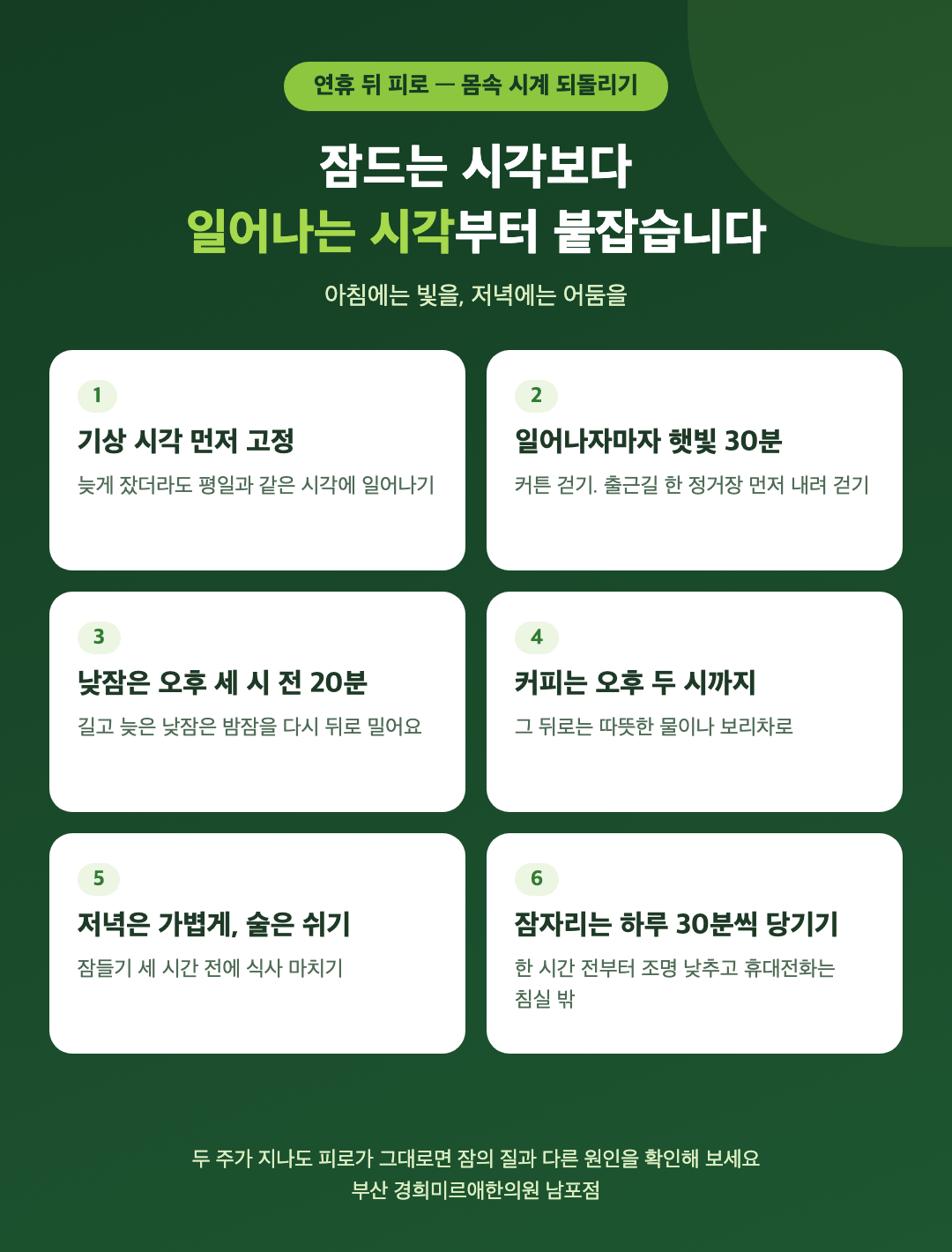 연휴 뒤 몸 시계를 되돌리는 여섯 가지 - 기상 시각 먼저 고정, 일어나자마자 햇빛 30분, 낮잠은 오후 세 시 전 20분, 커피는 오후 두 시까지, 저녁은 가볍게 술은 쉬기, 잠자리는 하루 30분씩 당기기 - 경희미르애한의원 남포점