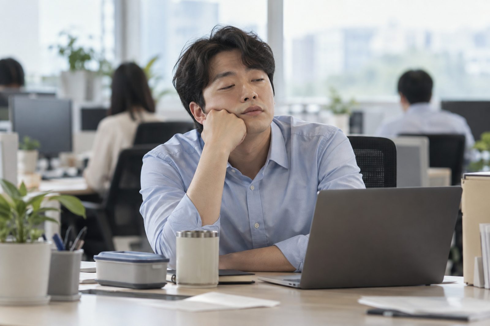 점심 식사 직후 사무실 책상에서 턱을 괴고 졸음을 참는 30대 남성 직장인 - 경희미르애한의원 남포점 식곤증 식후 졸음