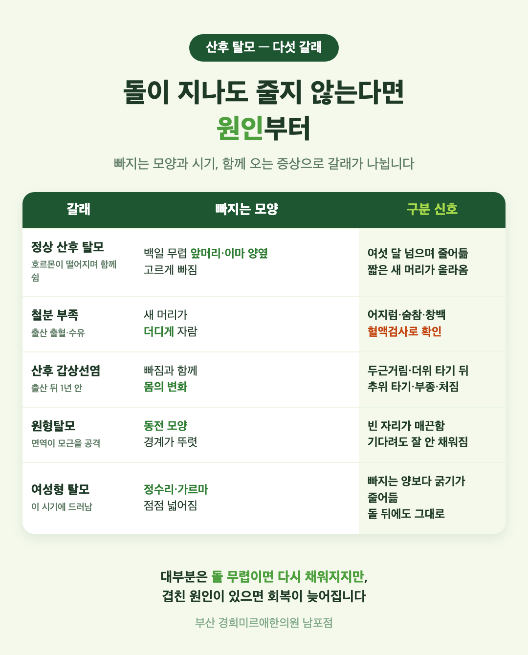 산후 탈모의 원인 다섯 가지 표 - 정상 산후 탈모, 철분 부족, 산후 갑상선염, 원형탈모, 여성형 탈모의 빠지는 모양과 시기, 구분 신호 - 경희미르애한의원 남포점