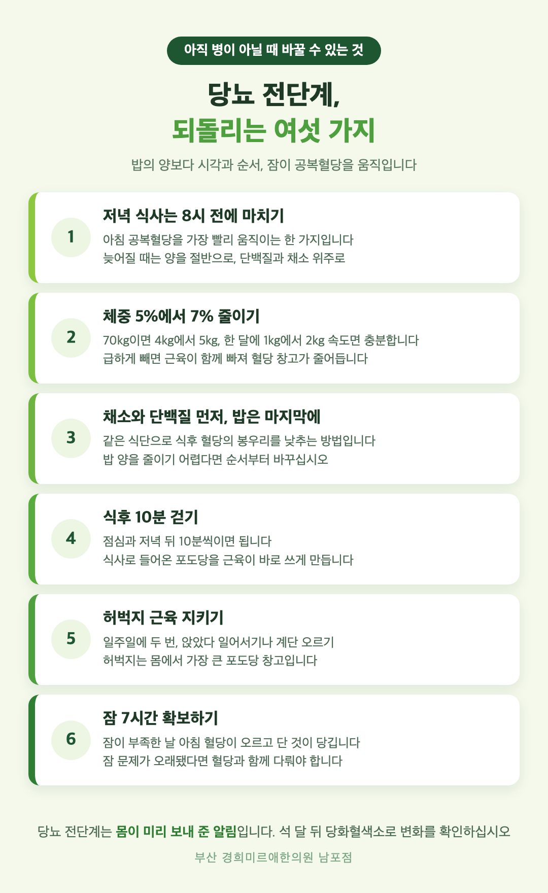 당뇨 전단계 되돌리기 여섯 가지 - 저녁 8시 전 마치기, 체중 5에서 7% 줄이기, 채소 먼저 먹기, 식후 10분 걷기, 근력 유지, 잠 7시간 확보 - 경희미르애한의원 남포점