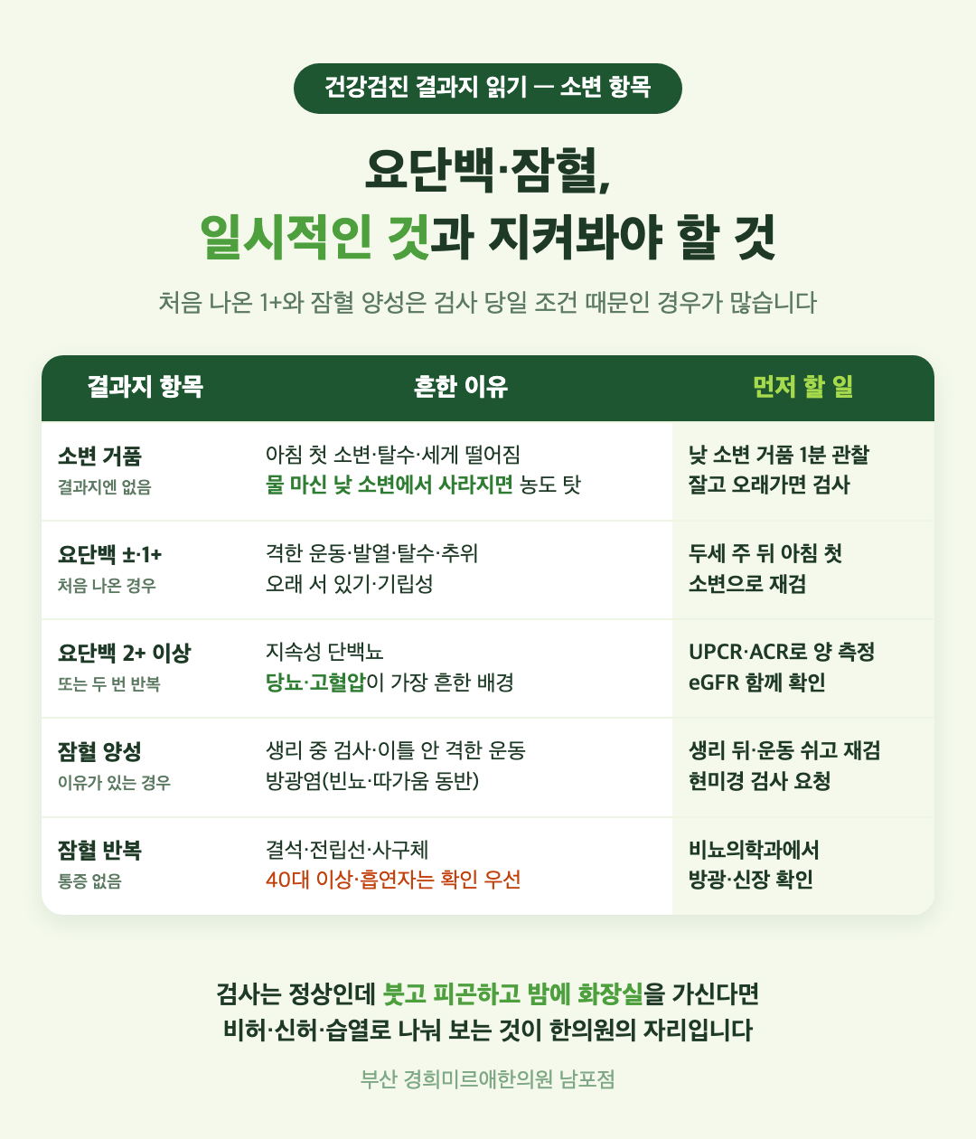 건강검진 요단백·혈뇨 결과지 읽기 - 항목별 뜻과 흔한 이유, 일시적인 것과 지켜봐야 할 것을 가르는 기준표 - 경희미르애한의원 남포점