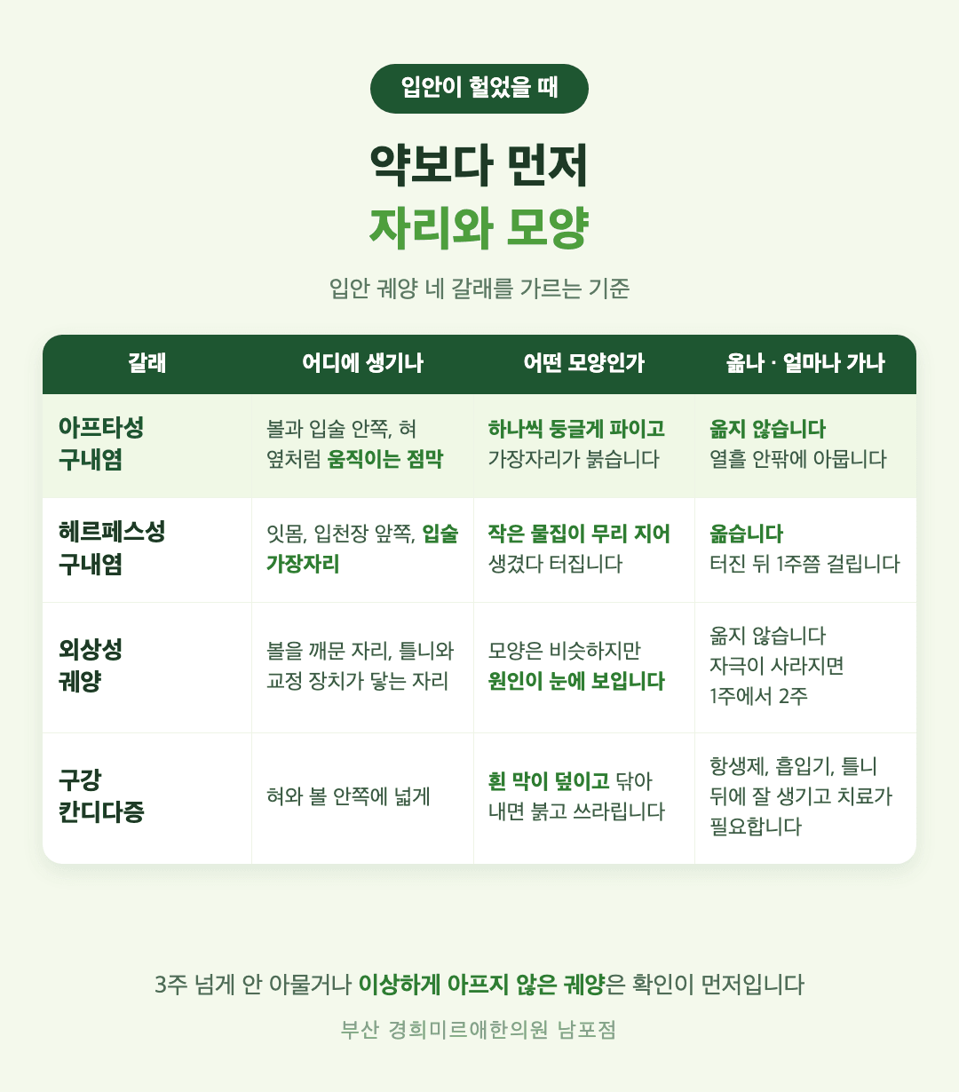 아프타성 구내염과 헤르페스성 구내염, 외상성 궤양, 구강 칸디다증 비교 인포그래픽 - 생기는 자리와 모양, 옮는지 여부와 낫는 기간의 차이