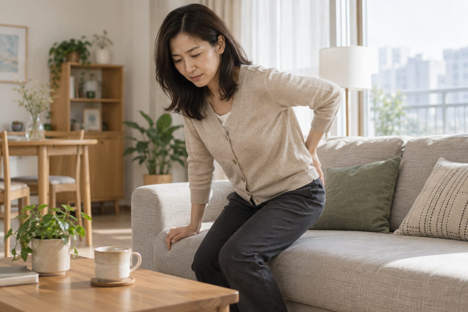 소파에서 일어서며 한 손으로 엉치뼈 옆 골반 뒤쪽을 짚은 30대 후반 여성 - 경희미르애한의원 남포점 천장관절 통증