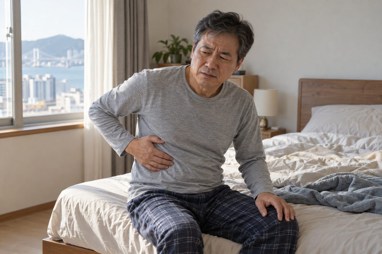 아침 햇살이 드는 부산 아파트 침실 침대 가장자리에 앉아 회색 긴소매 티셔츠 위로 오른쪽 옆구리 아래를 손으로 누르며 불편한 표정을 짓고 있는 50대 후반 남성 - 경희미르애한의원 남포점 대상포진 초기 증상