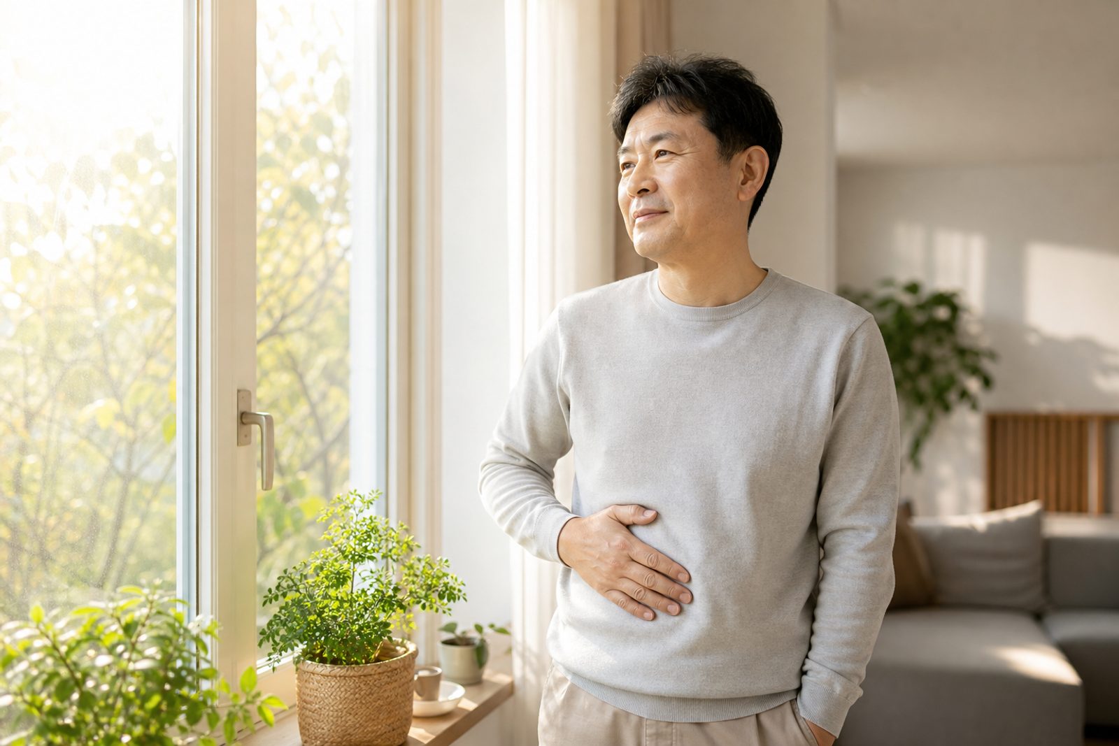 숨 쉴 때 옆구리 결림으로 아침에 옆구리에 손을 얹은 중년 남성 - 경희미르애한의원 남포점