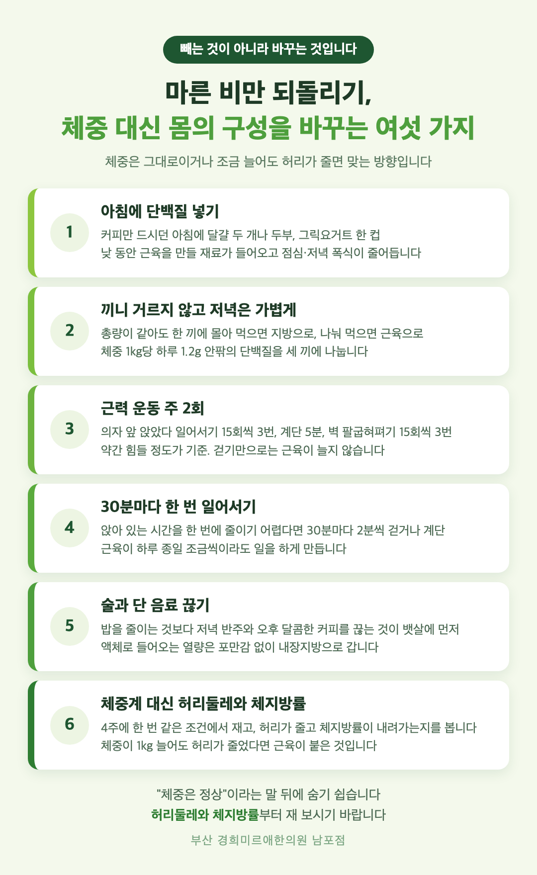 마른 비만 되돌리기 여섯 가지 - 아침 단백질, 끼니 거르지 않기, 근력 운동 주 2회, 30분마다 일어서기, 술과 단 음료 줄이기, 체중 대신 허리둘레와 체지방률 재기 - 경희미르애한의원 남포점
