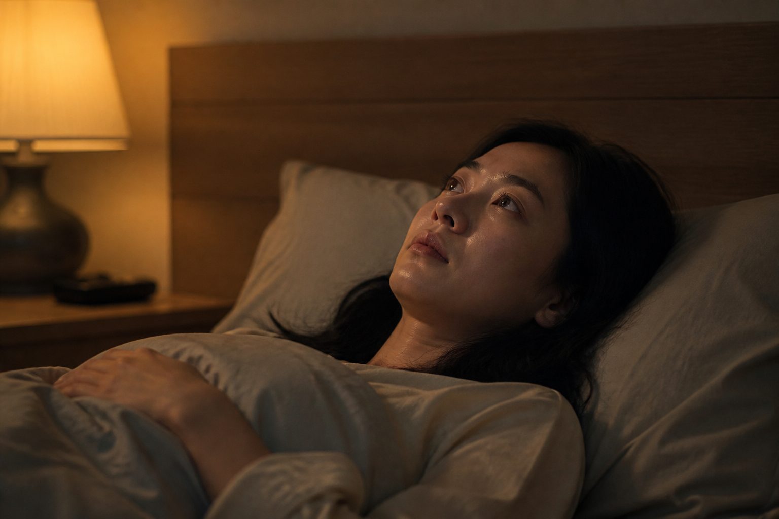 밤에 침대에 누워 잠들지 못하고 뒤척이는 모습 - 경희미르애한의원 남포점