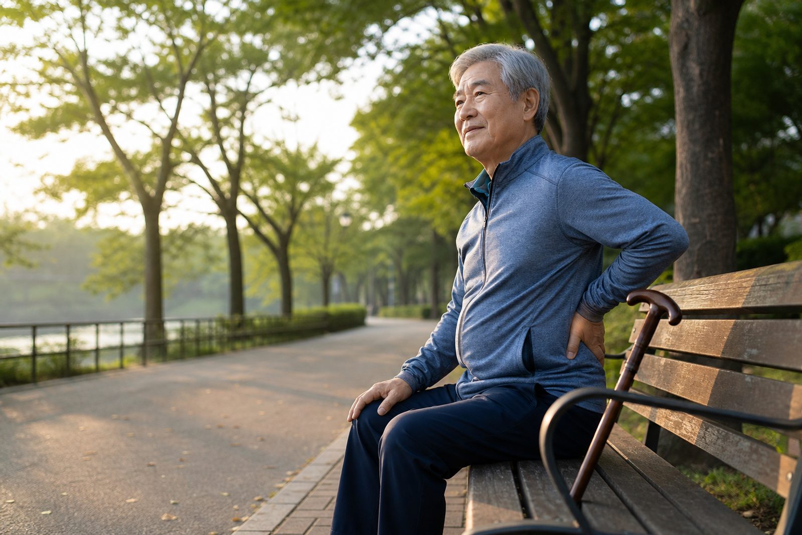 척추관협착증 보존 치료 — 공원을 걷다 벤치에 앉아 쉬는 어르신