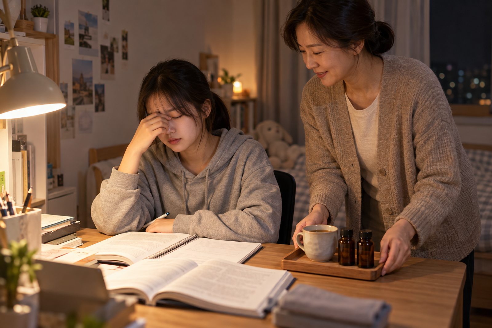 밤늦게 책상에서 눈을 비비는 여고생 곁에 따뜻한 차와 작은 병 두 개를 올린 쟁반을 내려놓는 어머니 - 경희미르애한의원 남포점 수험생 영양제·총명탕·공진단