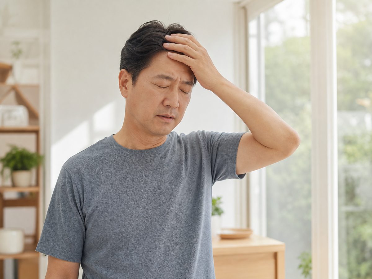 여름 더위에 어지러워 이마를 짚은 사람 — 부산 경희미르애한의원 여름 어지럼증 기립성 이야기