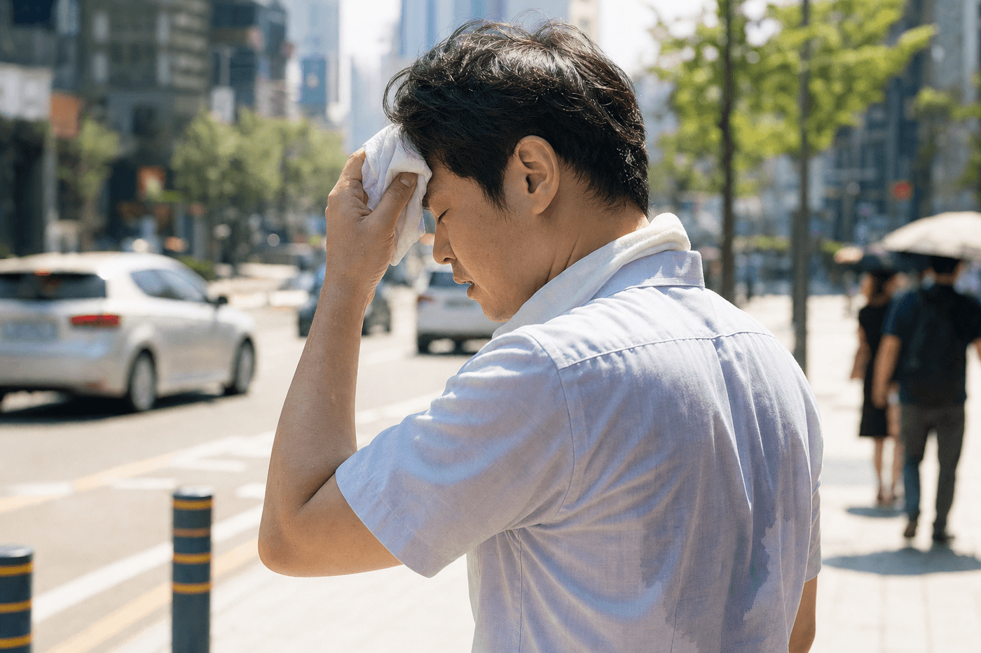무더운 여름 셔츠가 젖을 만큼 땀을 많이 흘리는 모습 — 부산 경희미르애한의원 여름 다한증 이야기