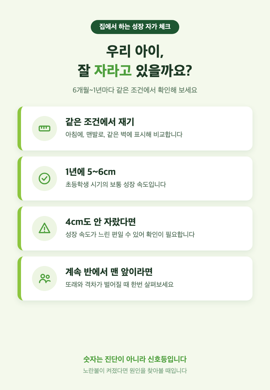 우리 아이 성장 자가 체크 — 같은 조건에서 재기, 1년 4cm 기준, 또래 대비 순서, 사춘기 신호