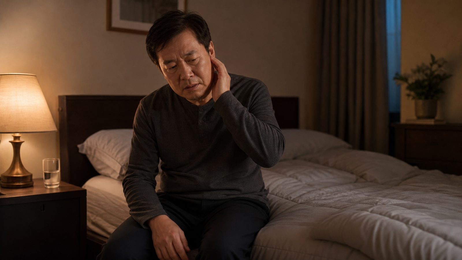 밤에 침대에 걸터앉아 귀를 만지는 이명 증상의 중년 남성 - 경희미르애한의원 남포점