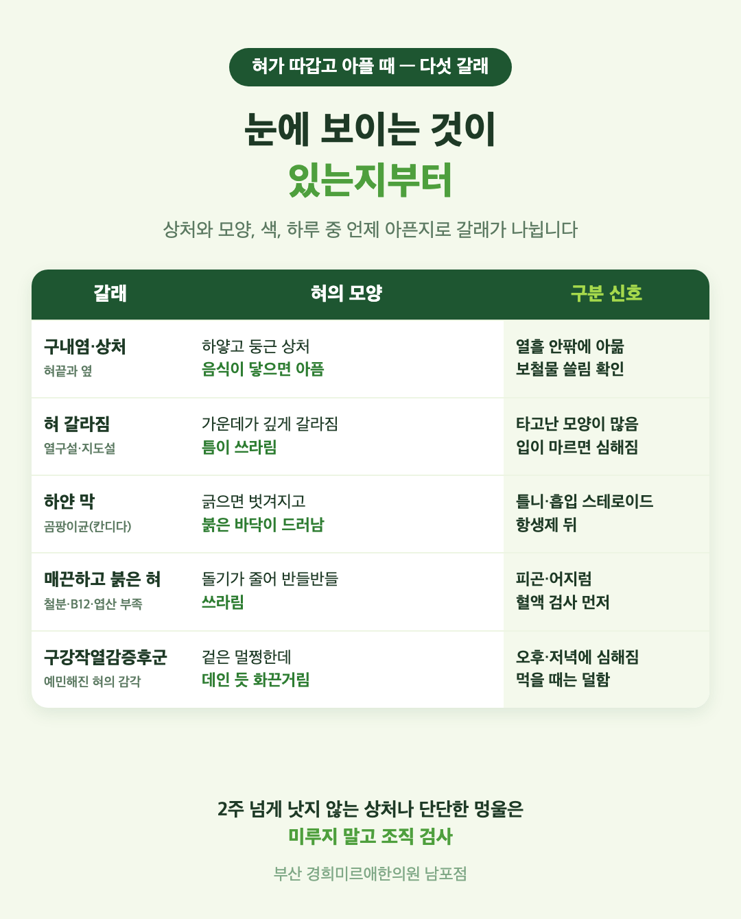 혀 통증 다섯 갈래 비교 표 - 구내염과 상처, 혀 갈라짐, 하얀 막, 매끈하고 붉은 혀, 구강작열감증후군의 모양과 구분 신호 - 경희미르애한의원 남포점