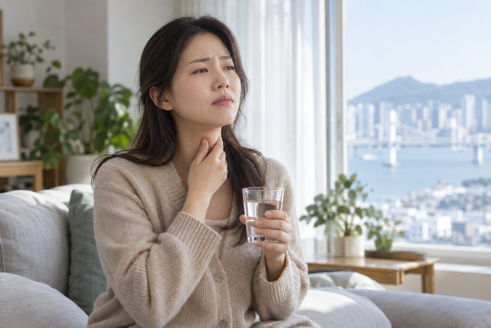 가을 아침 부산 아파트 거실 창가 소파에 앉아 목에 손을 대고 따뜻한 물잔을 든 채 침을 삼키며 얼굴을 찡그리는 30대 여성 - 경희미르애한의원 남포점 편도염 목 통증