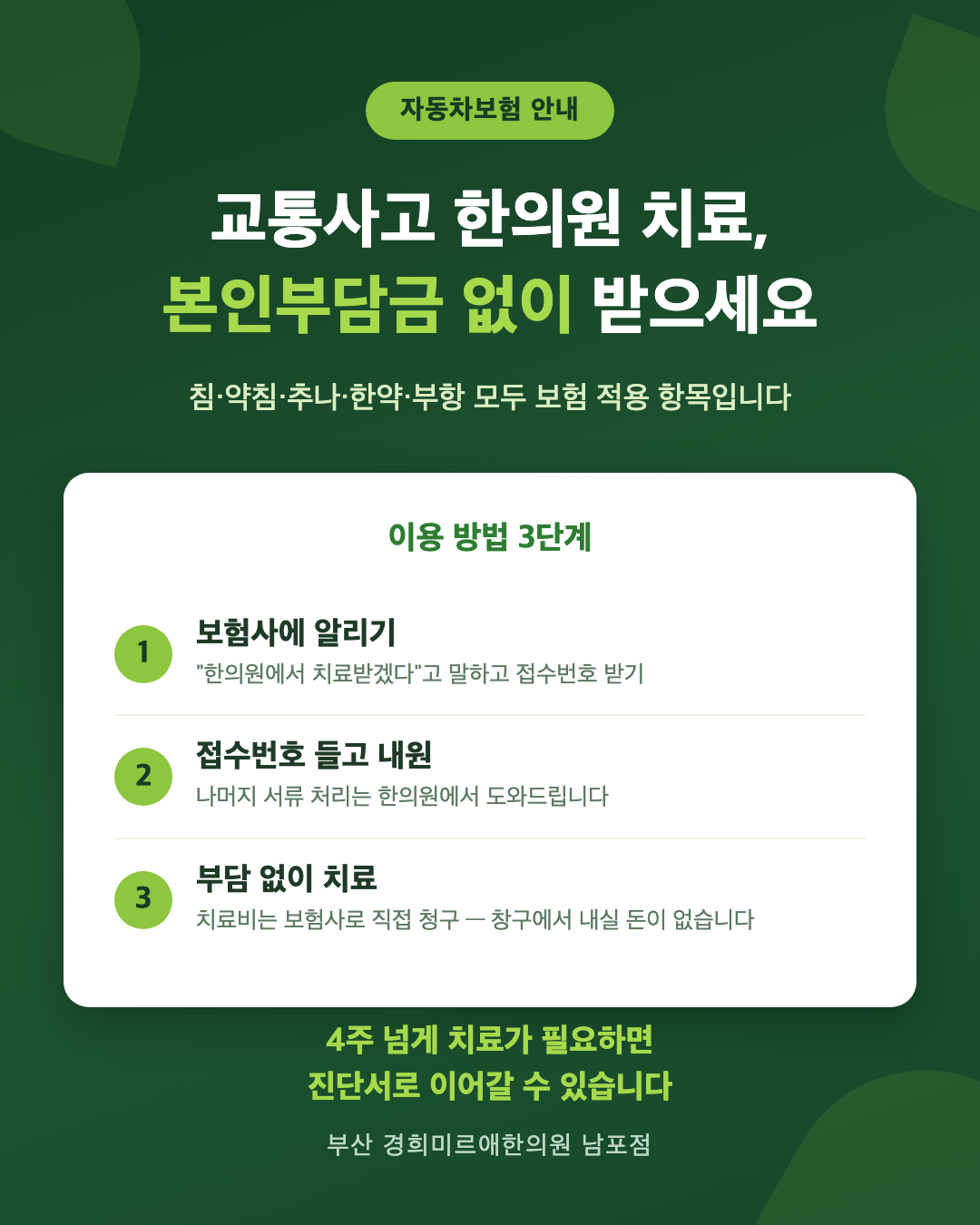 교통사고 자동차보험 한의원 이용 방법 3단계 — 보험사 접수번호 받고 내원하면 본인부담금 없이 치료 (경희미르애한의원)